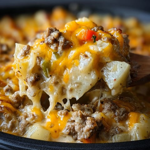A close up of a delicious crockpot cheesesteak potato casserole.