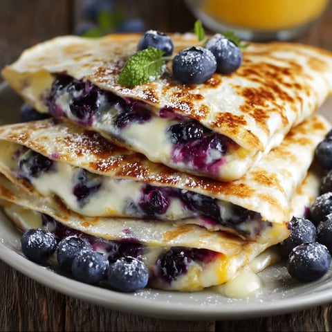 A plate of Blueberry Breakfast Quesadillas with a blueberry on top.