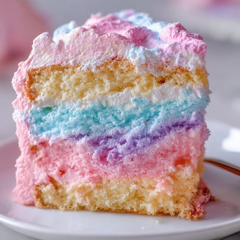 A slice of a colorful cake with a white plate underneath it.