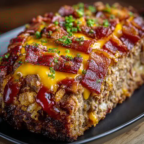 A close-up of a delicious bacon cheeseburger meatloaf, ready to be enjoyed.