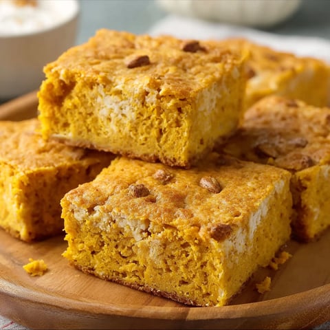 A plate of pumpkin cottage cheese bars is displayed on a wooden table.