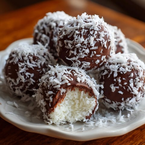 A plate of chocolate coconut balls is displayed on a wooden table.