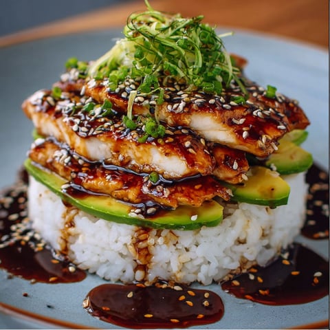 A delicious Teriyaki Chicken Avocado Rice Stack is served on a plate, topped with rice, chicken, and avocado.