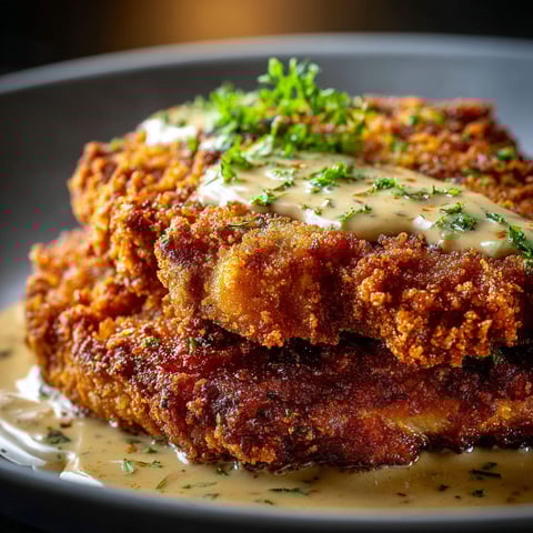 A plate of Crispy Buttermilk Chicken Fried Steak with a creamy sauce on top.