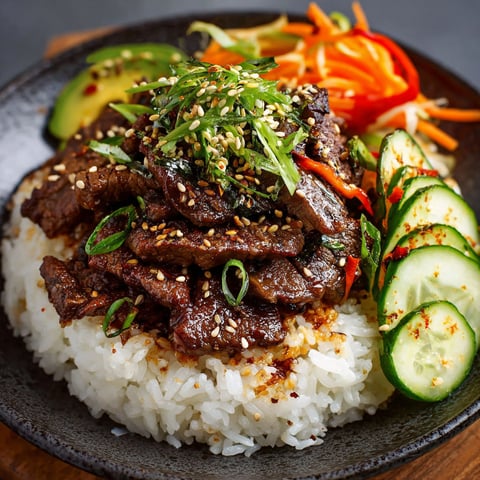 A delicious Korean BBQ Beef Rice Stack is served in a bowl, featuring rice, beef, vegetables, and seasonings.