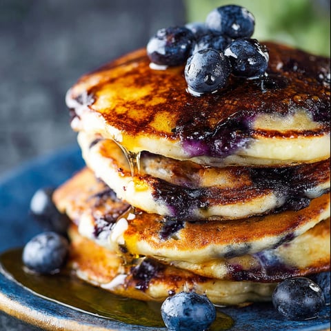 A stack of fluffy blueberry pancakes with a drizzle of syrup on top.