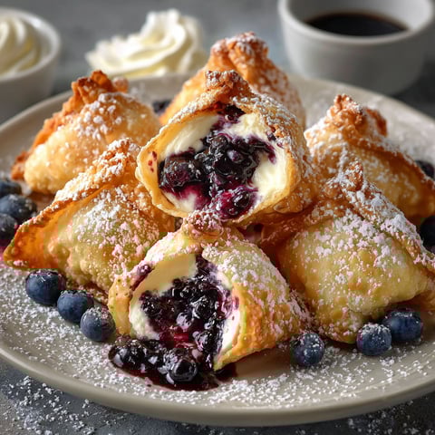 A plate of delicious deep-fried Blueberry Cheesecake Wontons.