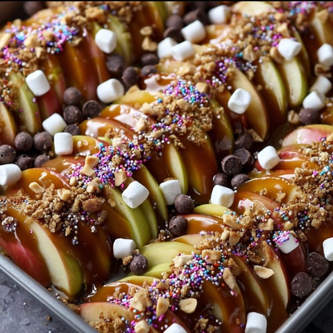 A delicious dessert made with apples, marshmallows, and caramel, all arranged on a sheet pan.