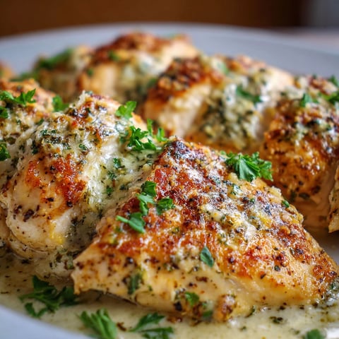 A plate of Melt In Your Mouth Caesar Chicken, garnished with parsley and herbs, is served on a dining table.
