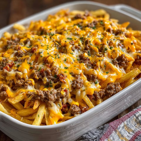A dish of cheeseburger fries baked in a white dish.