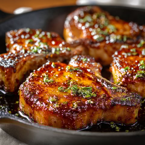 A delicious brown sugar pork chop recipe is being cooked in a skillet.