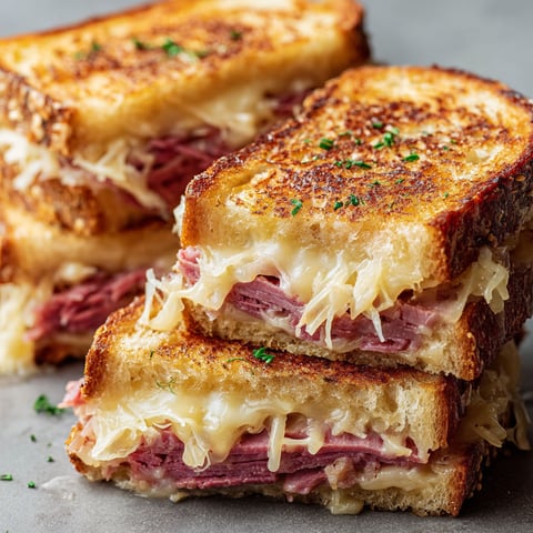 A close-up of a delicious Mini Corned Beef Grilled Cheese sandwich.