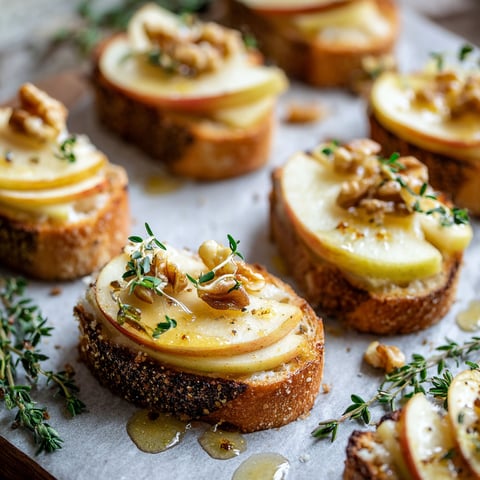 A plate of Dubliner Cheese and Apple Crostini with a drizzle of honey.