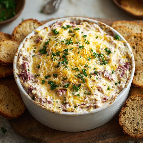 A bowl of Hot Reuben Dip is served with a side of bread.