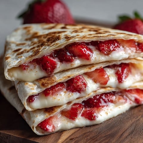 A delicious Strawberry Cheesecake Quesadilla Recipe is displayed on a wooden cutting board.