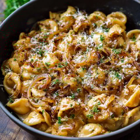 A bowl of pasta with onions and cheese, likely a French Onion Pasta dish.