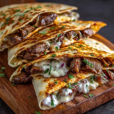 A delicious meal of Steak Cheese Quesadillas Blackstone is displayed on a wooden cutting board.