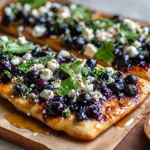A delicious flatbread with blueberries and feta cheese, ready to be served.