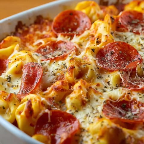 A delicious casserole of tortellini, cheese, and pepperoni, ready to be enjoyed.