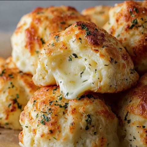 A stack of cheesy biscuits with green herbs on top.