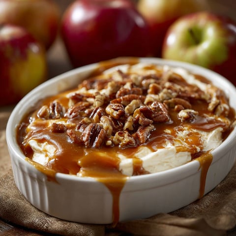 A white bowl filled with a delicious caramel apple cheesecake dip.