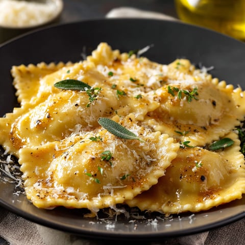 A plate of homemade pumpkin ravioli with garlic brown butter.