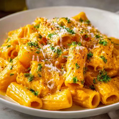 A plate of Creamy Pumpkin Pasta with a generous amount of cheese and herbs.