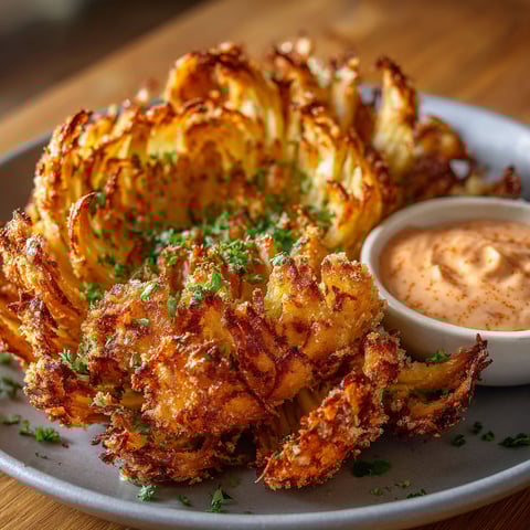 A plate of crispy air fryer blooming onions with a dipping sauce.