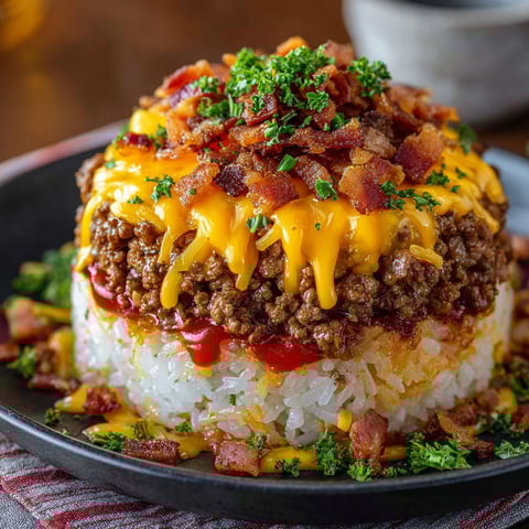 A delicious Bacon Cheeseburger Rice Stack is served on a plate.