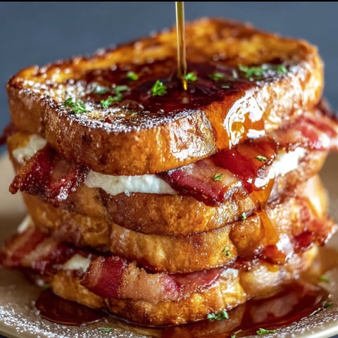 A stack of French toast with maple syrup drizzled on top, topped with bacon.