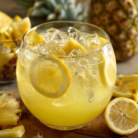 A glass of Pineapple Lemonade Punch is filled with lemon slices and pineapple chunks.