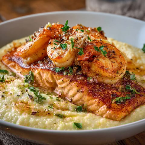 A plate of Shrimp and Salmon over Cheesy Grits.