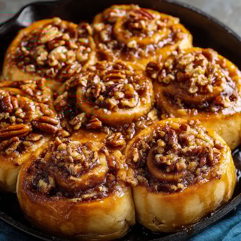 A pan of Maple Pecan Sticky Buns is ready to be served.