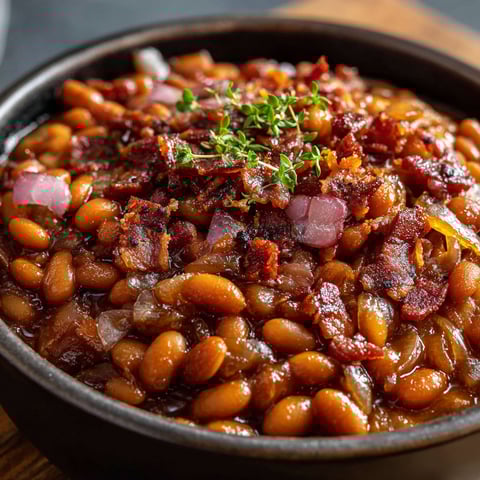 A delicious Maple Bourbon Baked Beans dish is served in a bowl, topped with bacon and onions.