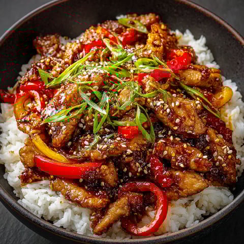 A bowl of Dragon Chicken with rice and peppers.