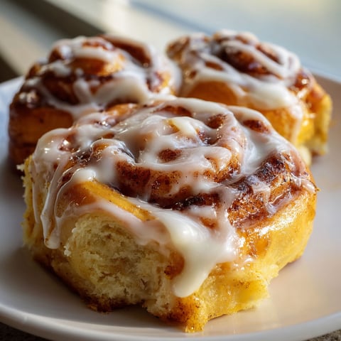 A plate of cinnamon rolls with maple cream cheese icing.