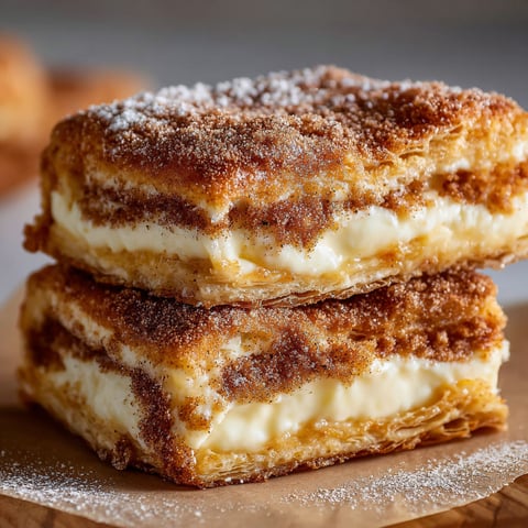 A delicious dessert made from churros and cheesecake, topped with powdered sugar.