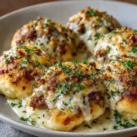 A plate of Baked Cream Cheese Chicken with a white sauce.