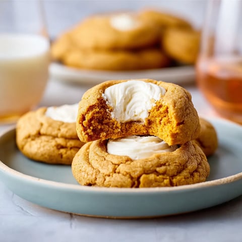 A plate of Pumpkin Cheesecake Cookies with a glass of milk.