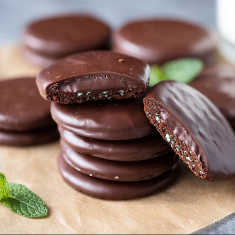 A stack of chocolate mint cookies on a table.