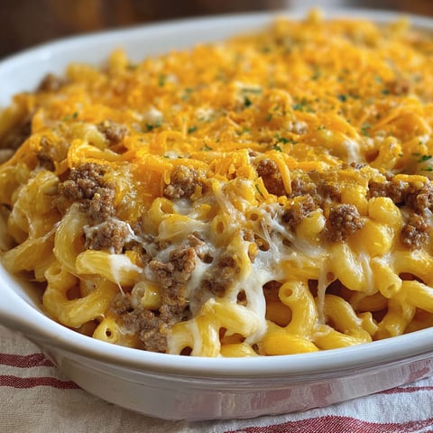 A delicious cheesy macaroni hamburger casserole in a white bowl.