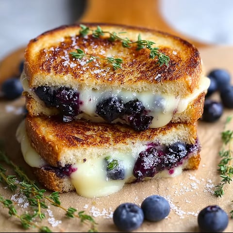 A delicious Crispy Blueberry Grilled Cheese sandwich is served on a wooden table.