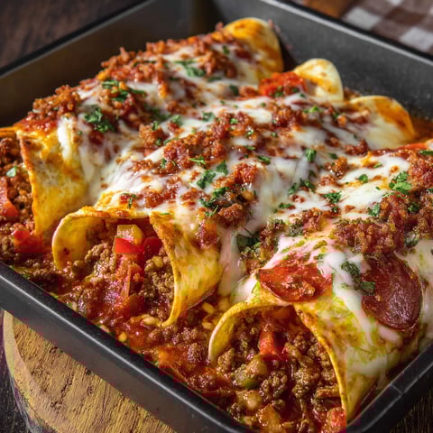 A delicious meal of Pizza Enchiladas with Ground Beef is served in a black dish.