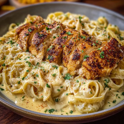 A delicious meal of Cheesy Cajun Alfredo Pasta Chicken is served in a bowl.