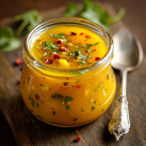 A jar of Sweet & Spicy Mango Dressing is displayed on a wooden table.