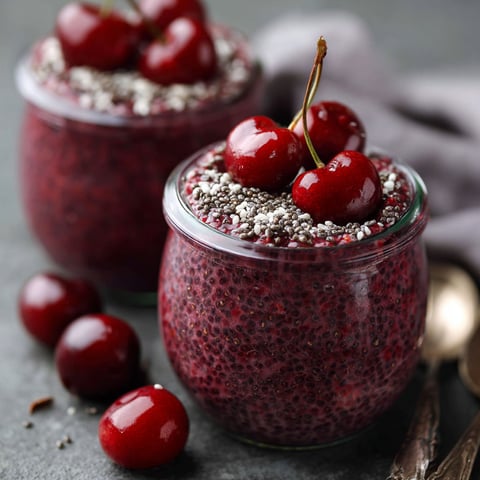Two glass jars filled with a red, chia-based dessert topped with cherries.
