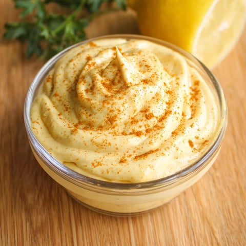A small bowl of Curry Mayo with a lemon wedge on the side.