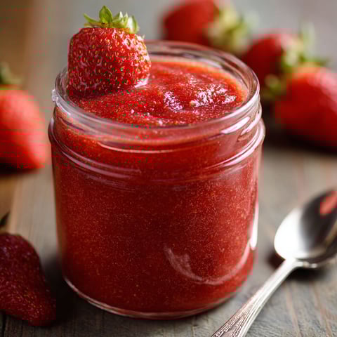 A jar of Slow Cooker Strawberry Butter is displayed on a table.