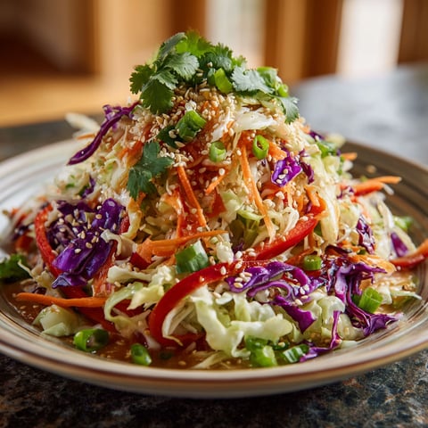 A plate of crunchy Asian cabbage slaw, topped with sesame seeds and garnished with green onions.