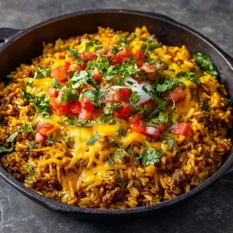 A delicious Cheesy Taco Rice dish is served in a black skillet.